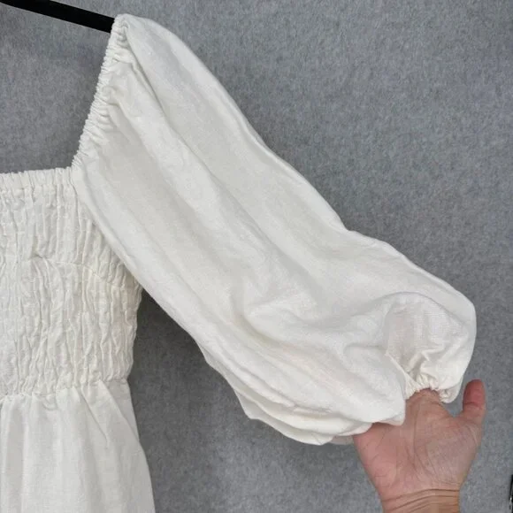 Tuckernuck Annie Linen Smocked Mini Dress Size S White Puff Sleeve Neutral Chic - Picture 2 of 11